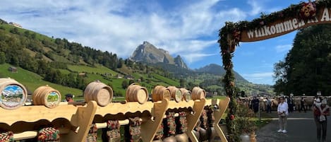 Een houten constructie met vaten en decoratieve elementen, op de achtergrond een berglandschap met heldere lucht.