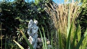 A serene pond with koi fish, surrounded by lush greenery and a statue. - Relax Chalet by Interhome (Sint-Annaland)