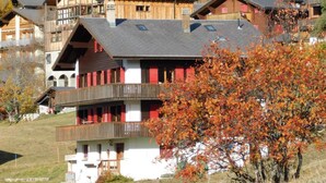 Un immeuble à plusieurs étages doté de balcons, d’un toit en pente et d’un arbre aux feuilles d’automne en premier plan.