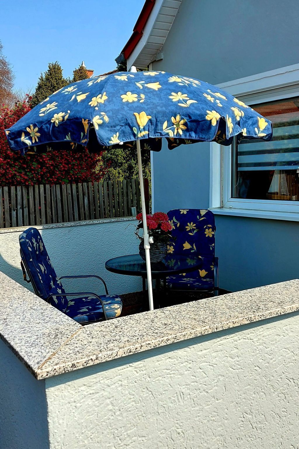 Um pátio externo com um guarda-sol floral azul, duas cadeiras azuis, uma mesa pequena e um vaso com planta.