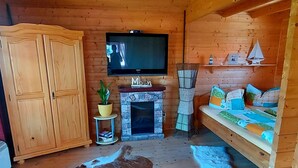 Hyggelig kabineinteriør med trægulv, en stengulv pejs, et tv monteret over den, en træskab, et lille bord med en plante og en sofa med mønstrede puder.