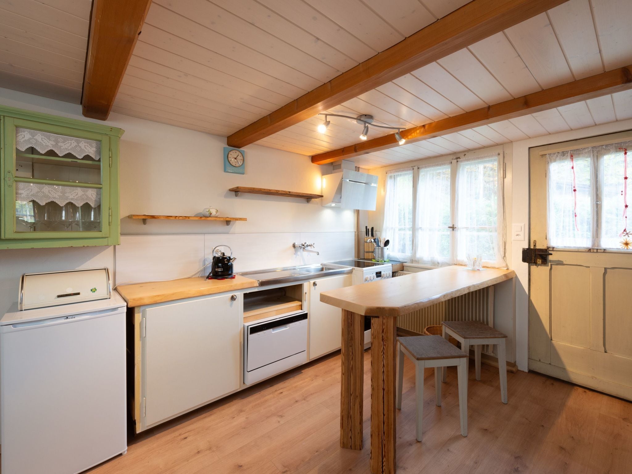 Fridge, oven, dishwasher, cookware/dishes/utensils