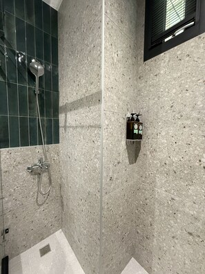 Ducha, secador de pelo, toallas, shampoo