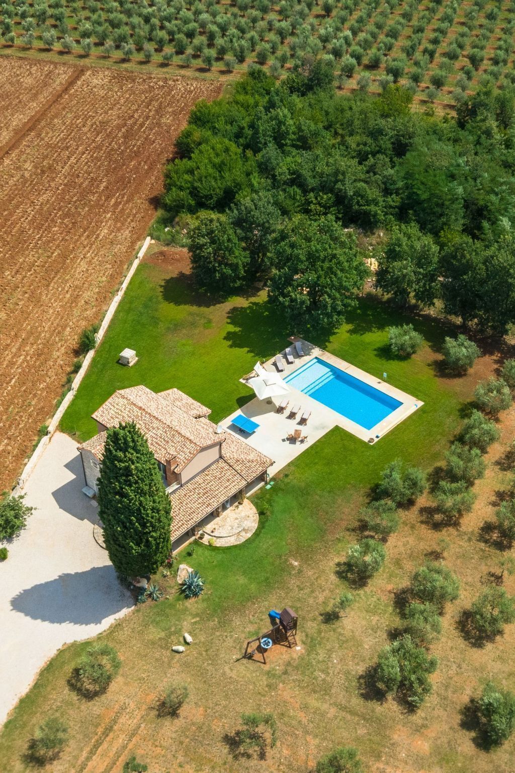 Ett flygbildsfoto av en fastighet med en swimmingpool, en uteplats och ett stort träd.