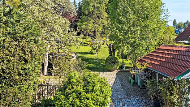 Un barrio residencial con un sendero pavimentado, cerca viva de madera y varios árboles.