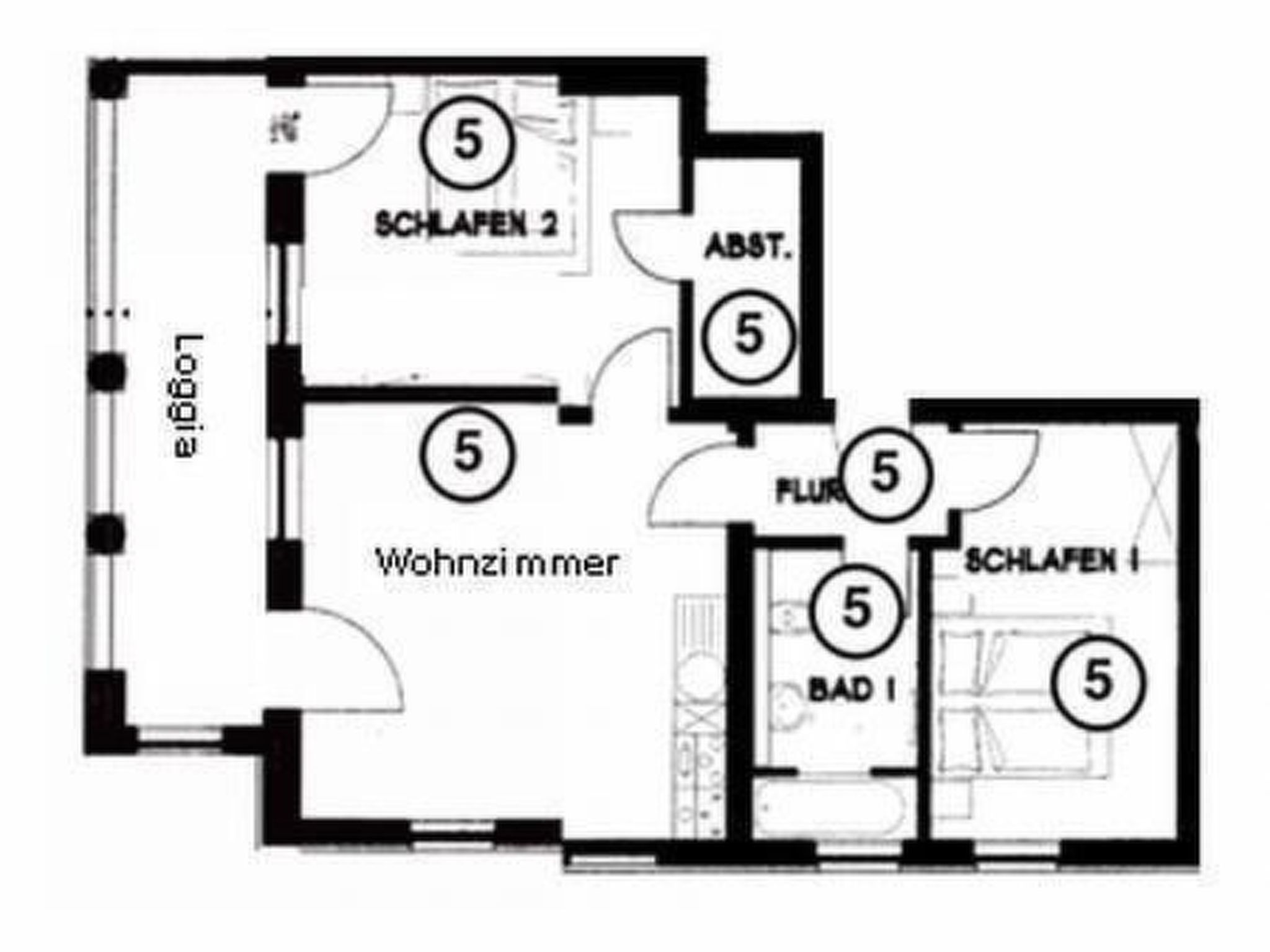 Planta baixa de um hotel com vários quartos identificados como 'SCHLAFEN' e 'Wohnzimmer'.