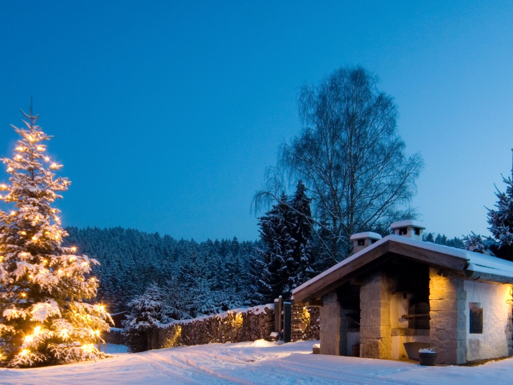Un paysage enneigé avec un sapin de Noël illuminé et un bâtiment en pierre doté d’un toit en pente.