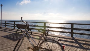 Een houten steiger met een fiets en een bankje met uitzicht op een waterpartij.
