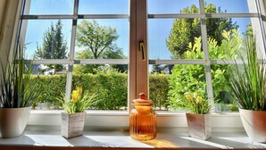 Una ventana con vistas a la vegetación y un tarro en el alféizar.