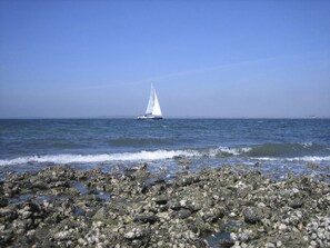 A rocky shoreline with a sailboat in the distance. - Ferienhaus Buurtweg 185 by Interhome (Stavenisse)