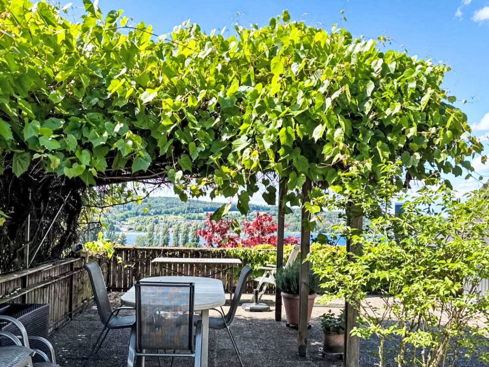 A patio with a table and chairs, surrounded by greenery and a view of a lake and hills.