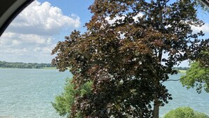 A view through a window of a tree-lined yard with a body of water in the background. - in Klingberg mit Seeblick by Interhome (Scharbeutz)