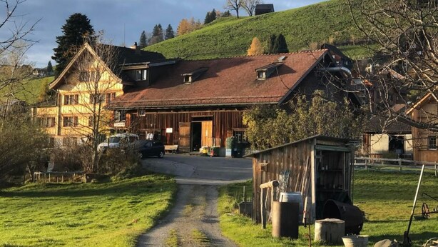 Ein traditionelles Holzhaus mit geneigtem Dach, einem kleinen angebauten Schuppen und einem Feldweg, der zum Eingang führt.