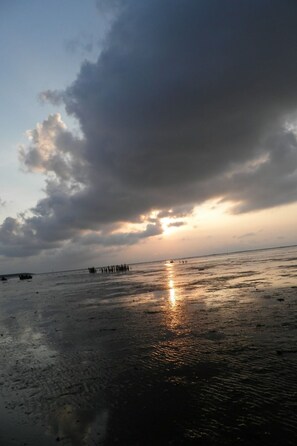 Ein Strand mit Sonnenuntergang, ein Pier in der Ferne und einem bewölkten Himmel.
