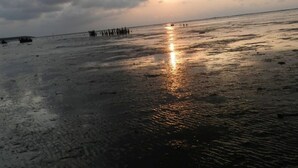 Una playa con un atardecer, un muelle a lo lejos y un cielo nublado.