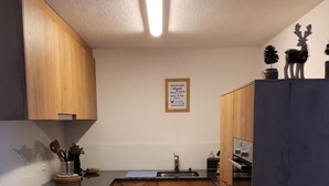 Una cocina compacta con armarios de madera, un lavamanos y una pequeña encimera.
