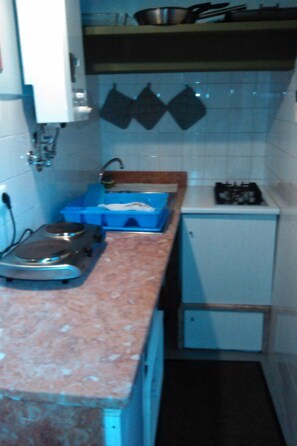 Fridge, microwave, dishwasher, cookware/dishes/utensils