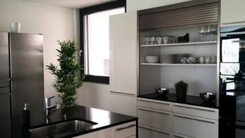 Fridge, oven, dishwasher, cookware/dishes/utensils