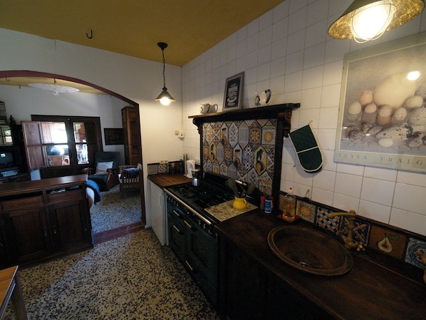 Fridge, microwave, oven, cookware/dishes/utensils