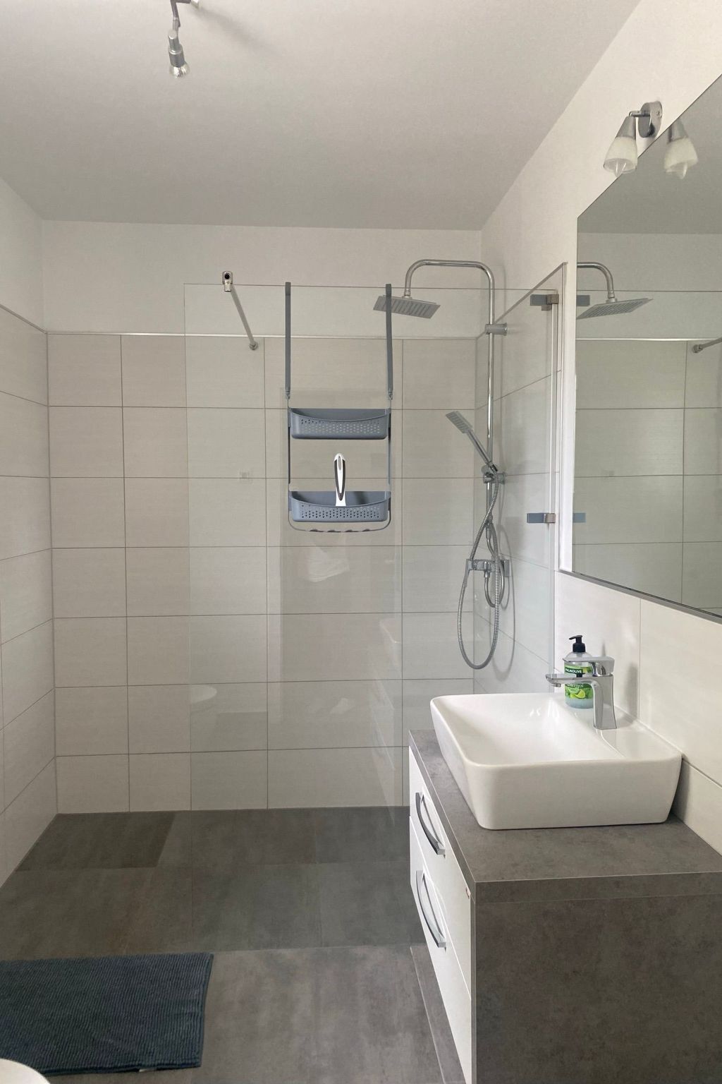 Een moderne badkamer met een inloopdouche, een ingebouwd wastafelmeubel en een grote spiegel.