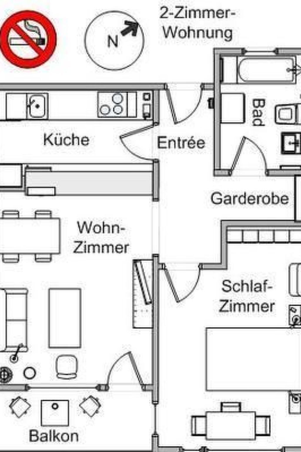 A 2-room apartment layout with a kitchen, entrance, living room, bedroom, bathroom, and balcony.