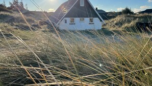 Una casa con techo inclinado, rodeada de hierba alta y árboles, bajo un cielo despejado.