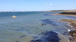 Un paysage côtier avec une plage de sable, une mer calme et un petit bateau.