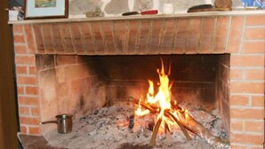 Ein Kamin mit Steinverkleidung und brennendem Feuer.