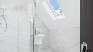 Shower, hair dryer, towels, toilet paper