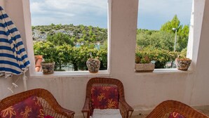 Un balcon agrémenté de fauteuils en osier et de plantes en pot, offrant une vue panoramique sur un paysage verdoyant, avec des arbres et une étendue d’eau.