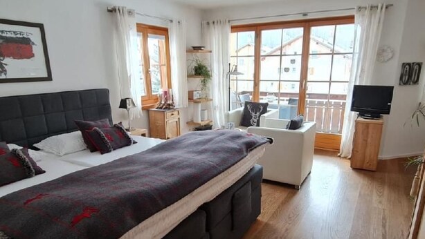 Une chambre à coucher avec un lit, un canapé, une télévision et une fenêtre avec des rideaux.