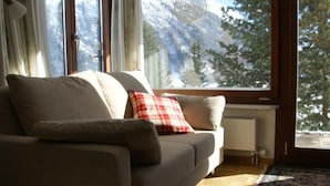 Uma sala de estar acolhedora com um sofá, um travesseiro xadrez vermelho e branco, e vista para montanhas cobertas de neve através de grandes janelas.