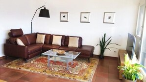 Una sala de estar con un sofá de cuero marrón, una mesa de centro de vidrio, un tapete estampado y una planta en maceta.