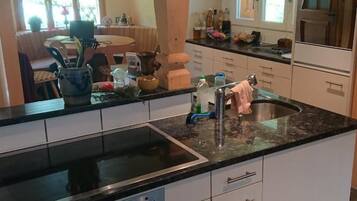 Fridge, oven, dishwasher, cookware/dishes/utensils