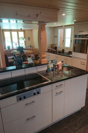 Fridge, oven, dishwasher, cookware/dishes/utensils