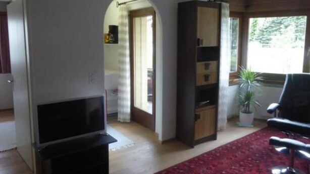 Een woonkamer met een televisie, een boekenkast, een rood tapijt en een raam met uitzicht op bomen.