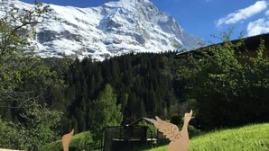 A grassy area with two bird sculptures, a picnic table, and a small shelter. - Chalet am Bühl by Interhome (Grindelwald)