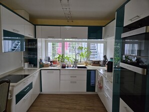 Køleskab, ovn, opvaskemaskine, køkkentøj/tallerkener/redskaber