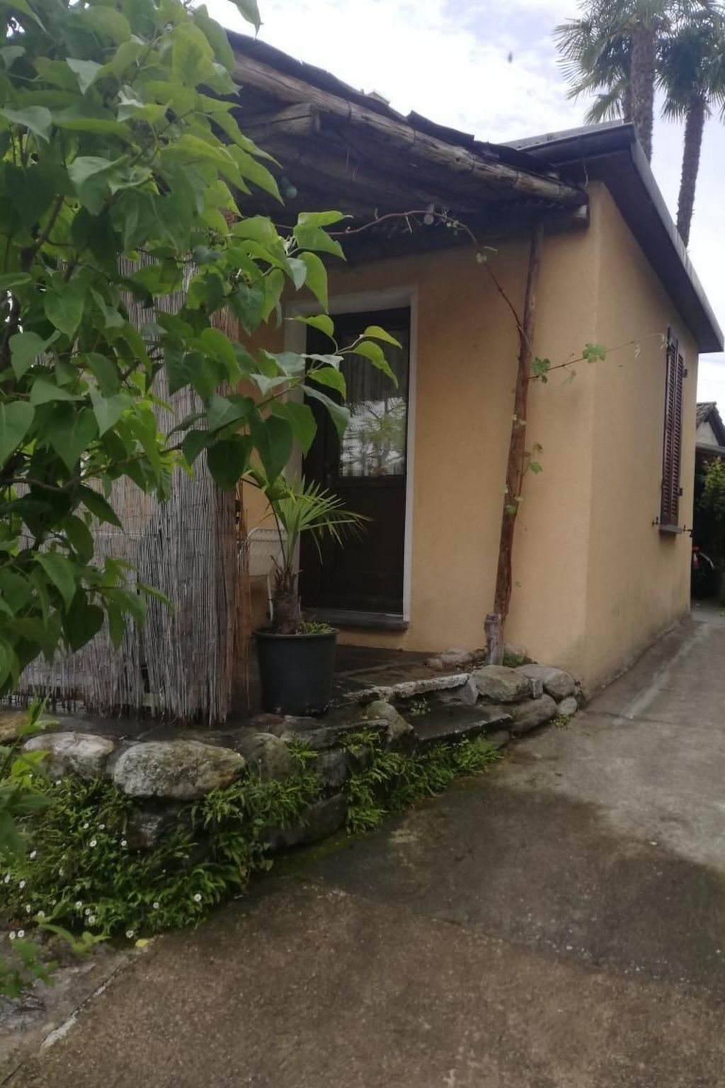 Ein Haus mit Strohdach, einem Eingang, einem Blumentopf und einem steinernen Weg, der zur Tür führt.