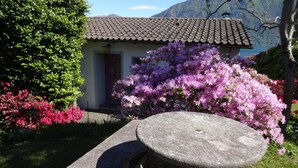 En bänk av sten i en trädgård med blommande buskar och en byggnad med ett tak täckt av tegelpannor.