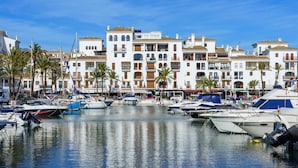 Un port de plaisance où sont amarrés des bateaux, entouré d’immeubles à plusieurs étages dotés de balcons et de palmiers.