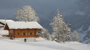 En stuga av trä med ett snötäckt tak, omgiven av snötyngda träd och berg i bakgrunden.