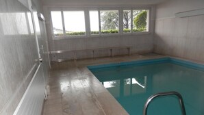 A swimming pool with a metal ladder, tiled walls, and large windows. - Al Bosco 71A by Interhome (Lugano)