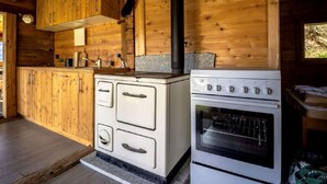 Une cuisine rustique, située dans une cabane en bois, équipée d’un poêle, d’un four et de meubles de rangement en bois.