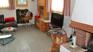 Ein Wohnzimmer mit einer Couch, einem Fernseher, einem Kamin und einem Bücherregal.