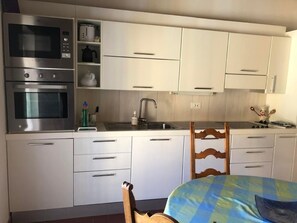 Kylskåp, mikrovågsugn, ugn och grytor/köksredskap