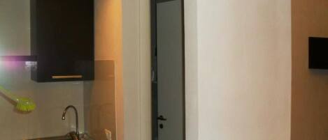 Fridge, microwave, cookware/dishes/utensils