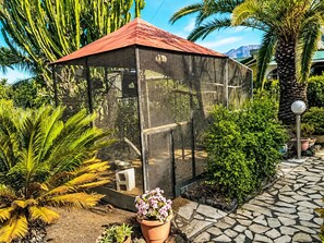 A covered outdoor area with a mesh roof, surrounded by tropical plants and a stone pathway. - Apartment El Hierro by Interhome (El Paso)