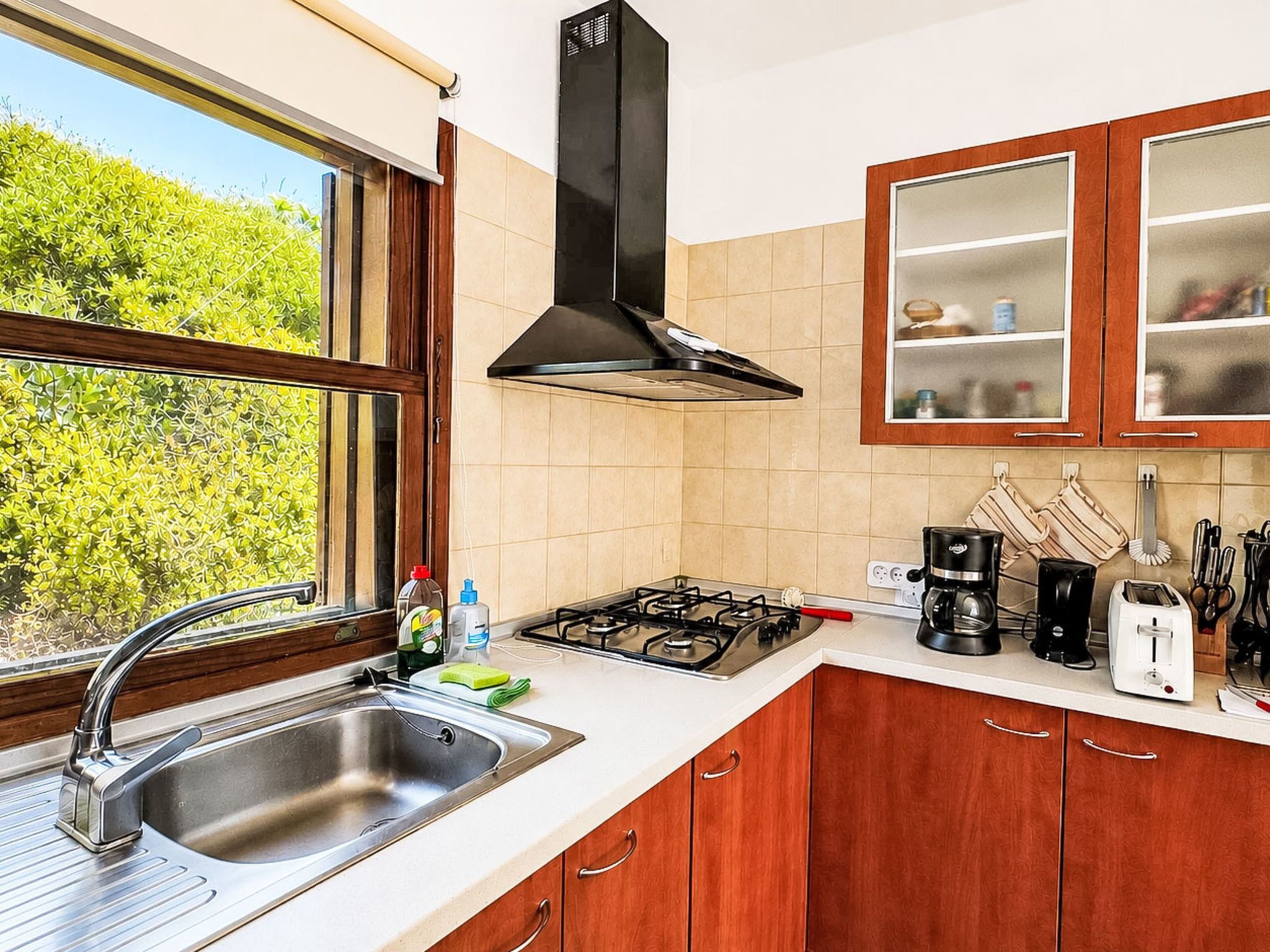 A modern kitchen with a gas stove, stainless steel sink, wooden cabinets, and a window overlooking greenery.