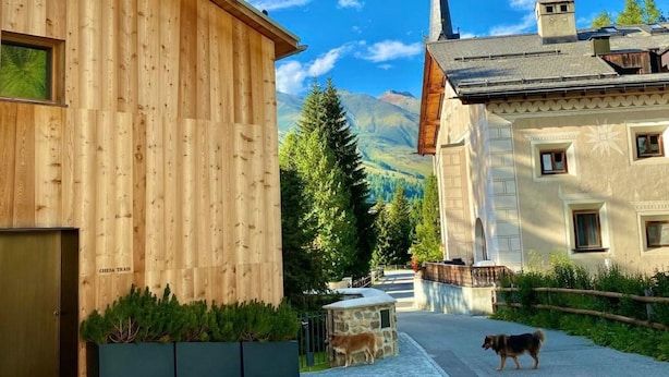A wooden building with a stone pathway, a dog, and a church in the background. - Chesa Ladina by Interhome (La Punt-Chamues-ch)